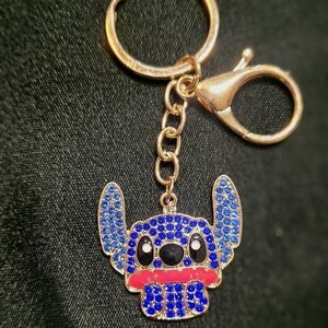 Blue and Red Rhinstone "Stitch" Gold  Character Keychain